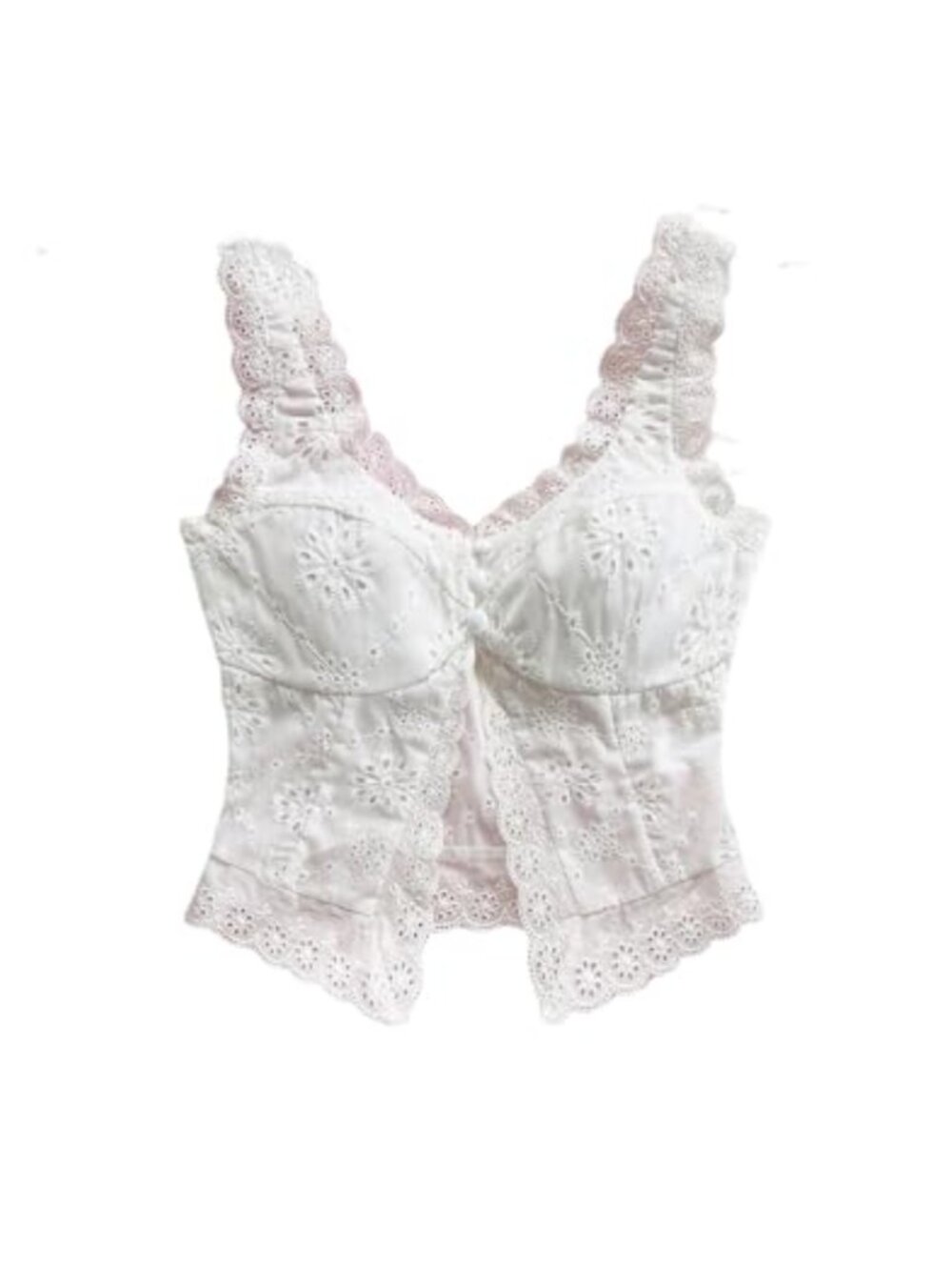 Lace Trim Eyelet Sweetheart Neckline Split Hem Crop Tank Top